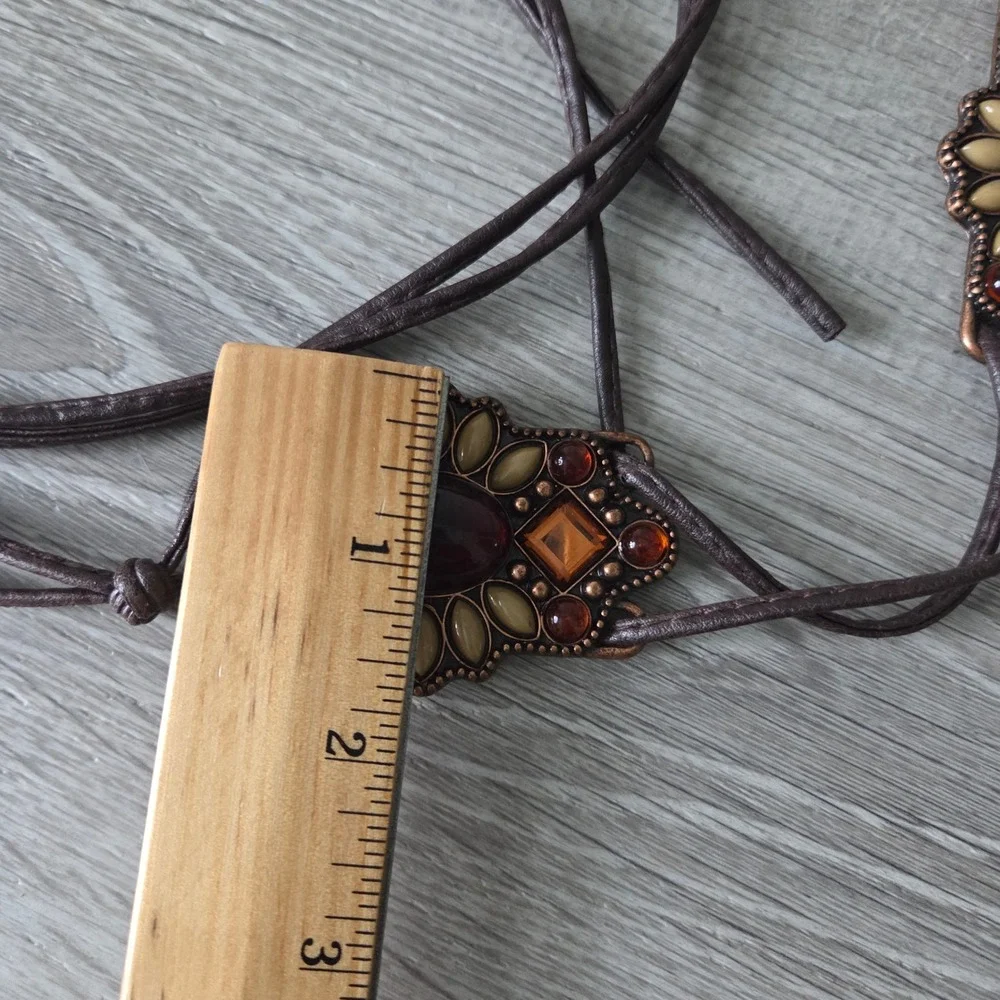 Boho Amber Stone Medallion Tie Belt Brown Faux Leather Western Festival Waist 28